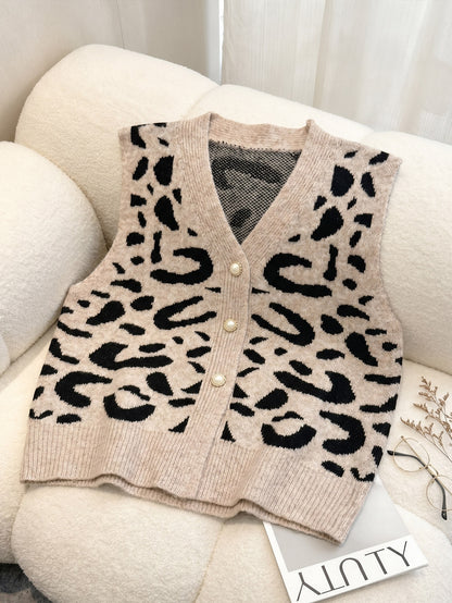 Leopard Print V-Neck Knitted Cardigan Sweater Coat Short Top with Imitation Pearl Buttons Loose Vest