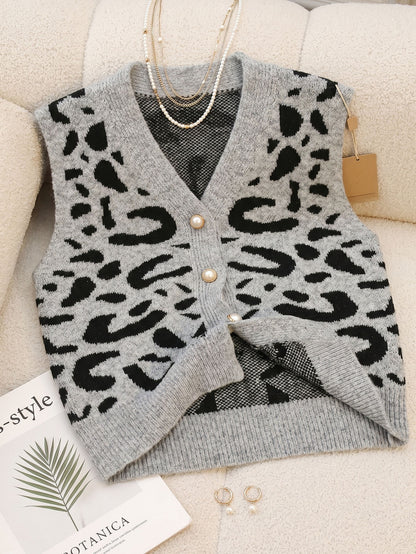 Leopard Print V-Neck Knitted Cardigan Sweater Coat Short Top with Imitation Pearl Buttons Loose Vest