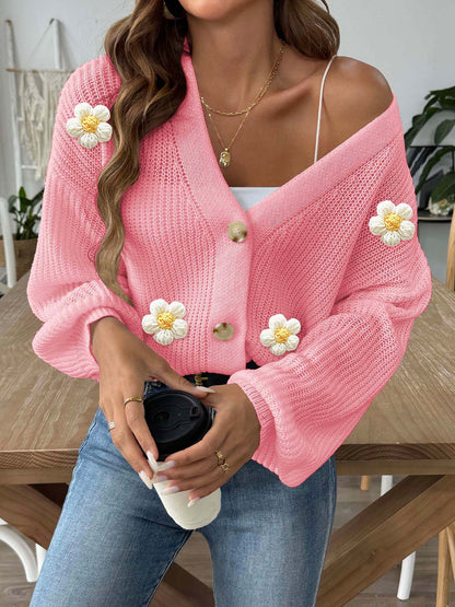 Lady Knit Sweater Crochet Flower Patchwork Short Buttoned Cardigan Coat Outerwear