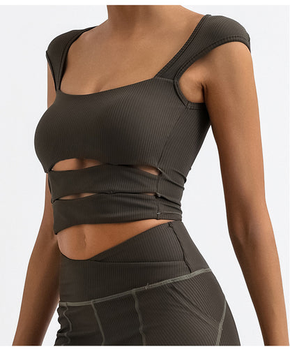 New  Fashion Double-Shoulder Low-Cut Striped Sexy Yoga T-Shirt for Outdoor Sports, Casual Semi-Formal Wear