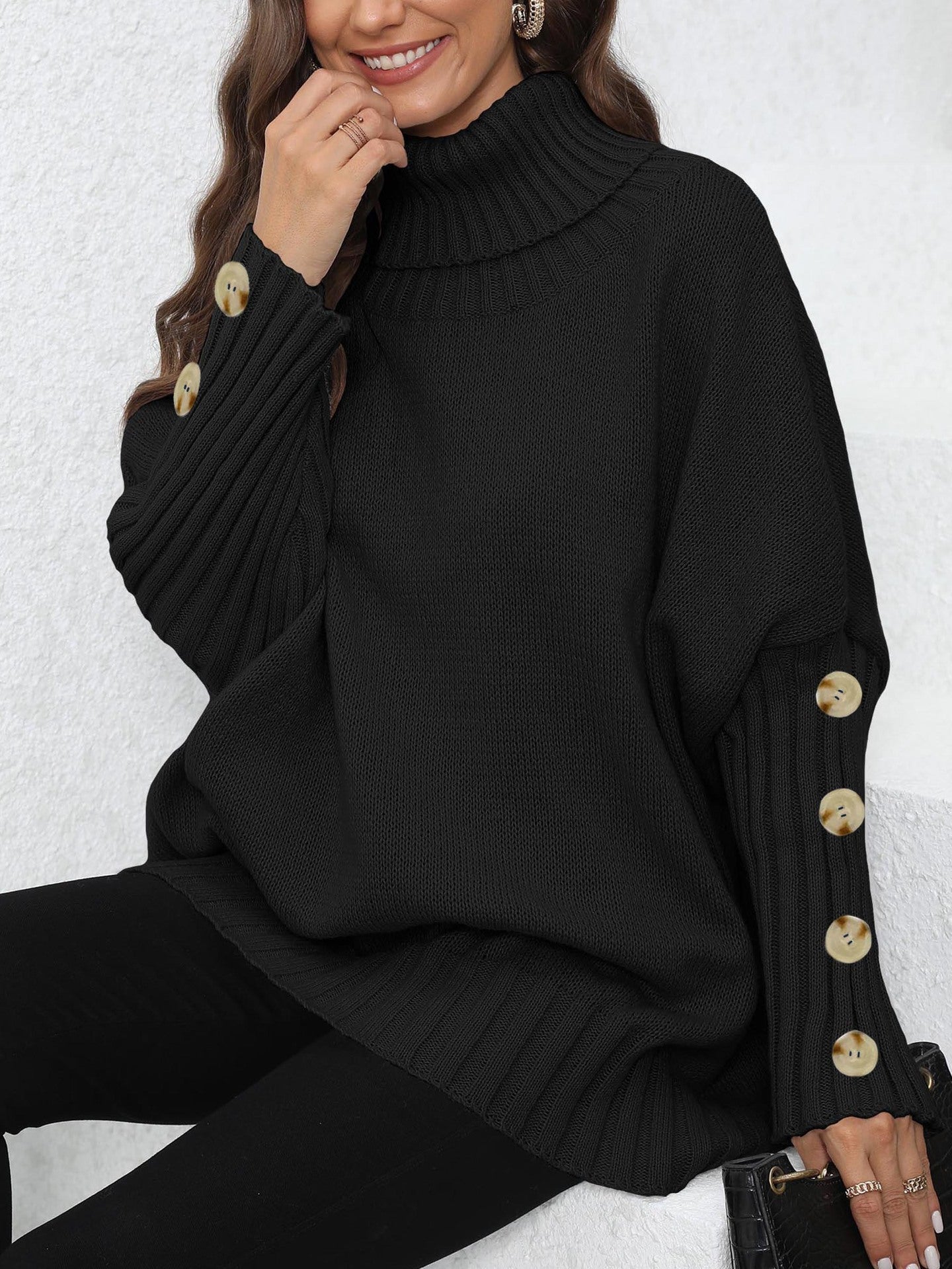 Knitted Sweater for Women, Solid Color, High Neck, Turn-down Collar, Loose Fit, Buttoned Knit Top