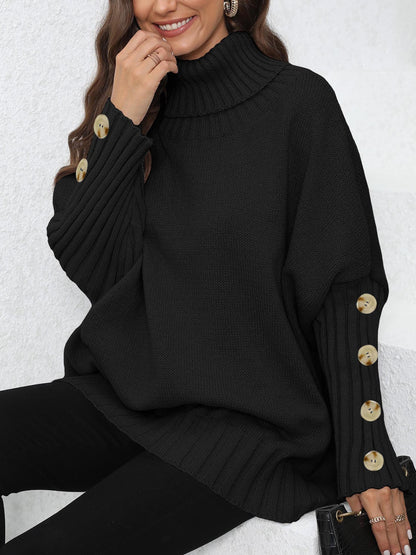 Knitted Sweater for Women, Solid Color, High Neck, Turn-down Collar, Loose Fit, Buttoned Knit Top