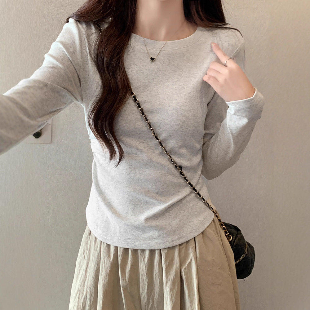 Autumn New Pleated Long Sleeve Inner Top for Women, Irregular Hem T-Shirt, Pure Cotton Basic Shirt