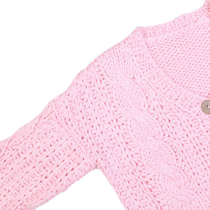 Women's long sleeved V-neck pink hollow thick loose knit cardigan jacket