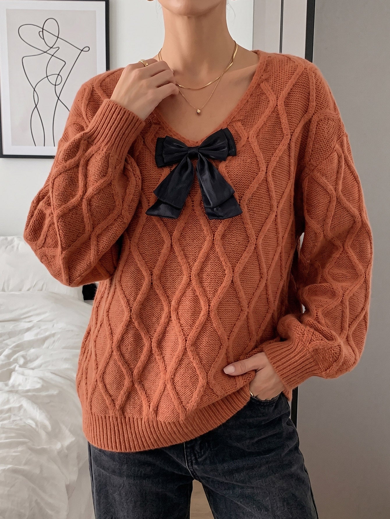 Women's Casual V-Neck Bow Elegant Long Sleeve Loose Sweater