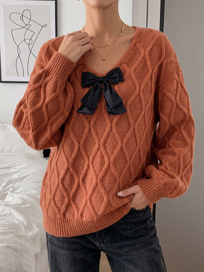 Women's Casual V-Neck Bow Elegant Long Sleeve Loose Sweater