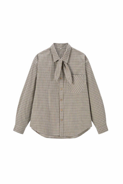 Loose Checkered Long Sleeve Shirt for Men with Rabbit Ears Collar