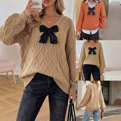 Women's Casual V-Neck Bow Elegant Long Sleeve Loose Sweater