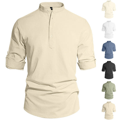 Men's Cotton Linen Henley Collar Solid Color Lightweight Long Sleeve Button-Down Shirt