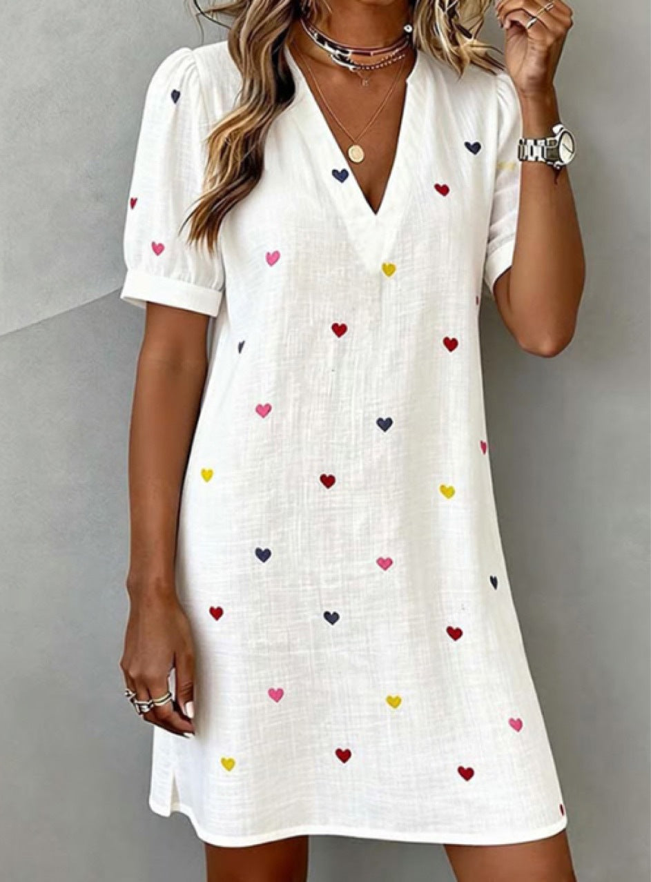 Women's V-Neck Linen-Cotton Love Heart Print Dress