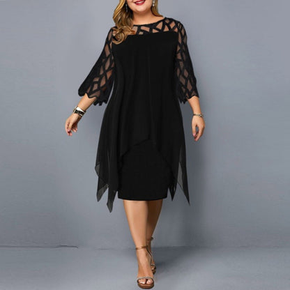 Lace Patchwork Three-Quarter Sleeve Irregular Hem Chiffon Dress