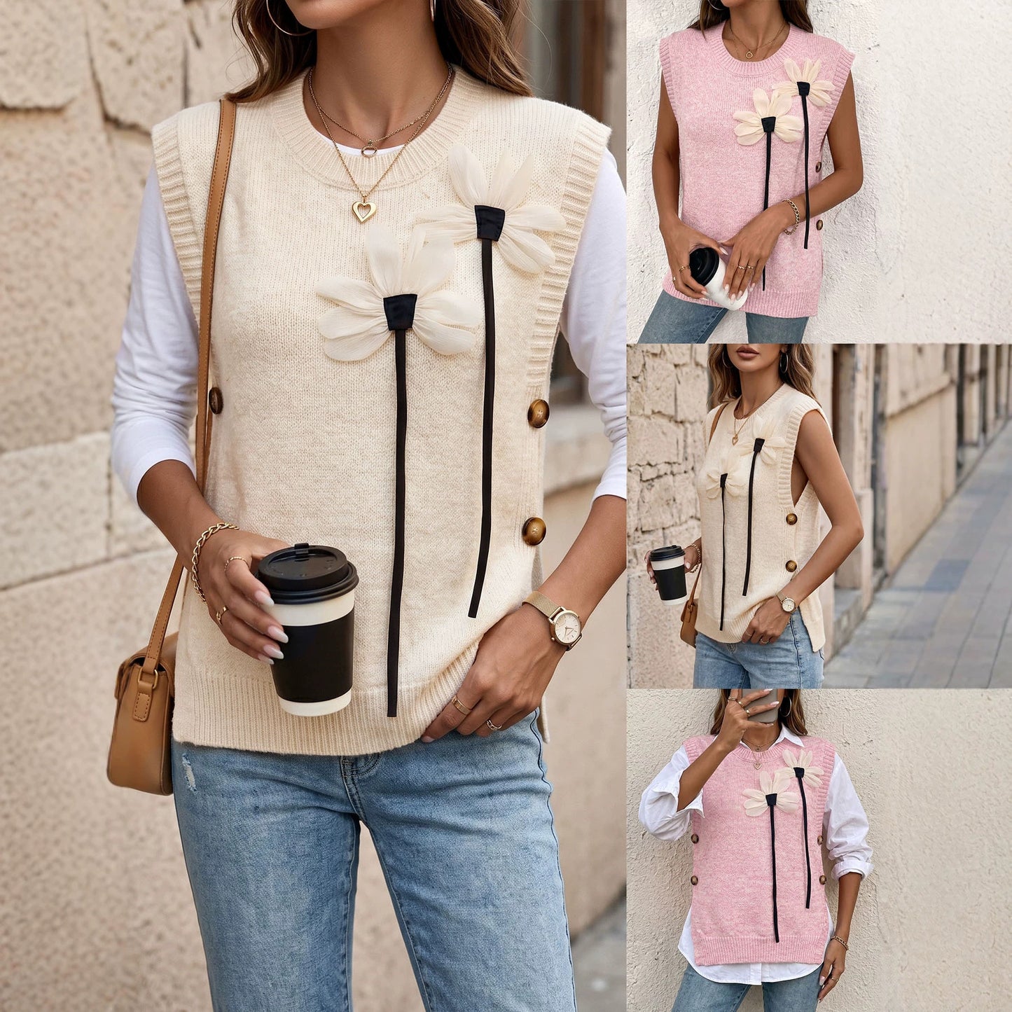 Sweater Vest Round Neck Solid Color Buttoned Women's Knitwear 3D Flower