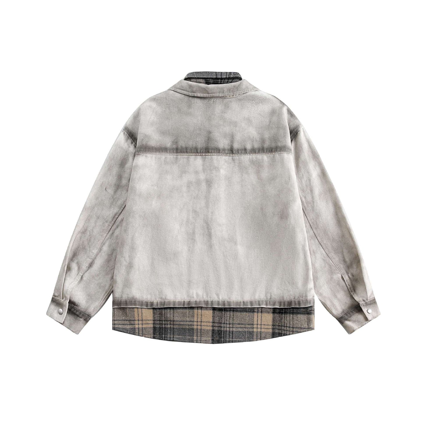 Distressed Faux Two-Piece Patchwork Plaid Notch Lapel Jacket for Men
