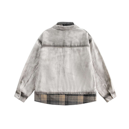 Distressed Faux Two-Piece Patchwork Plaid Notch Lapel Jacket for Men
