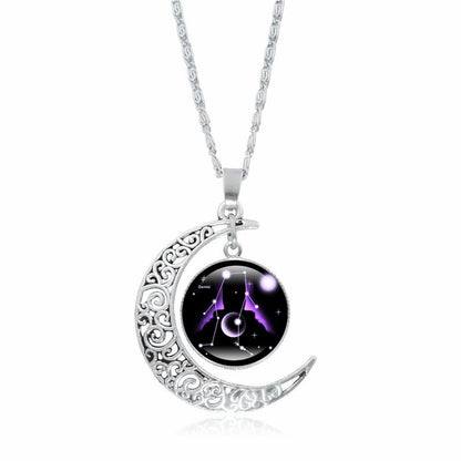 Zodiac Time Gem Luminous Necklace for Women, Simple Silver Moon Pendant Choker
