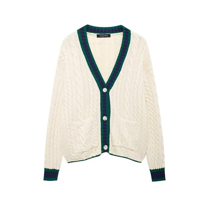 European and American autumn new style casual V-neck contrasting knitted top jacket
