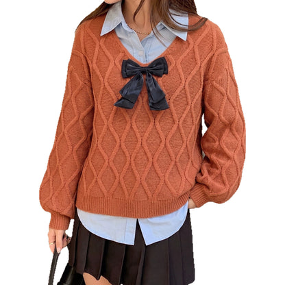Women's Casual V-Neck Bow Elegant Long Sleeve Loose Sweater