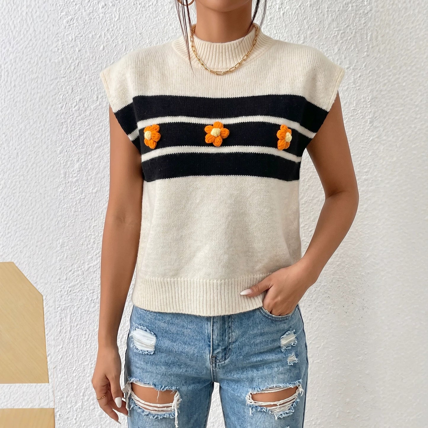 Striped Sleeveless Layered Women's Cardigan Casual Hand-crocheted Patchwork Knit Vest for Women