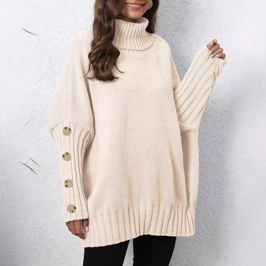 Knitted Sweater for Women, Solid Color, High Neck, Turn-down Collar, Loose Fit, Buttoned Knit Top