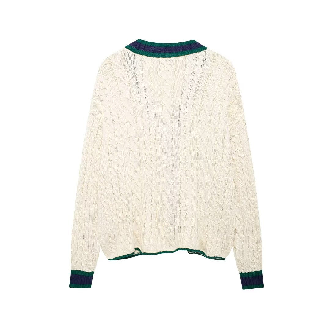 European and American autumn new style casual V-neck contrasting knitted top jacket