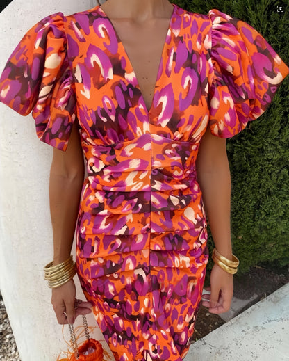Printed Casual V-Neck Fitted Bodycon Slim Waist Bubble Sleeve Dress