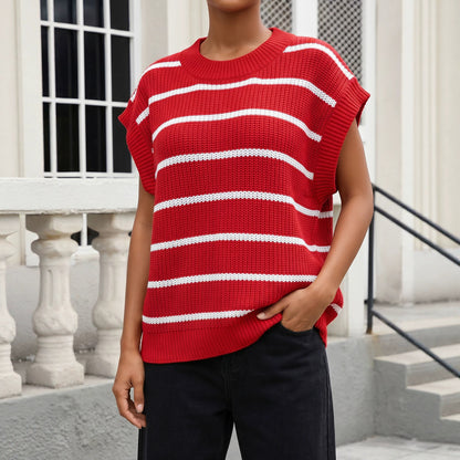 Women's Knitted Sweater Vest, New Striped Color-blocked Pullover Knit Loose Vest Top