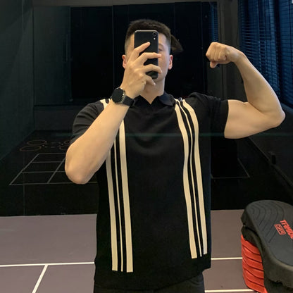 High-End Slim Fit Striped Cool Silk Short Sleeve Polo Shirt Men's Knitted T-Shirt Half Sleeve Top