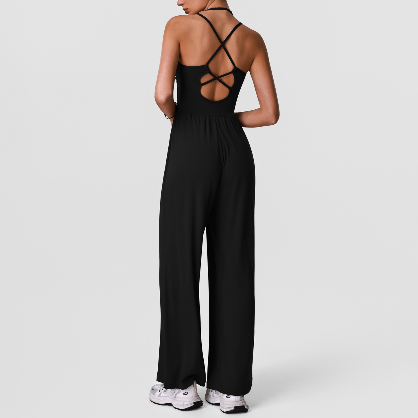 Strapless Backless Hollow-Out Yoga Bodysuit with Padded, Slimming and Body-Hiding Design for Sport and Casual Wear, Wide-Leg Bodysuit