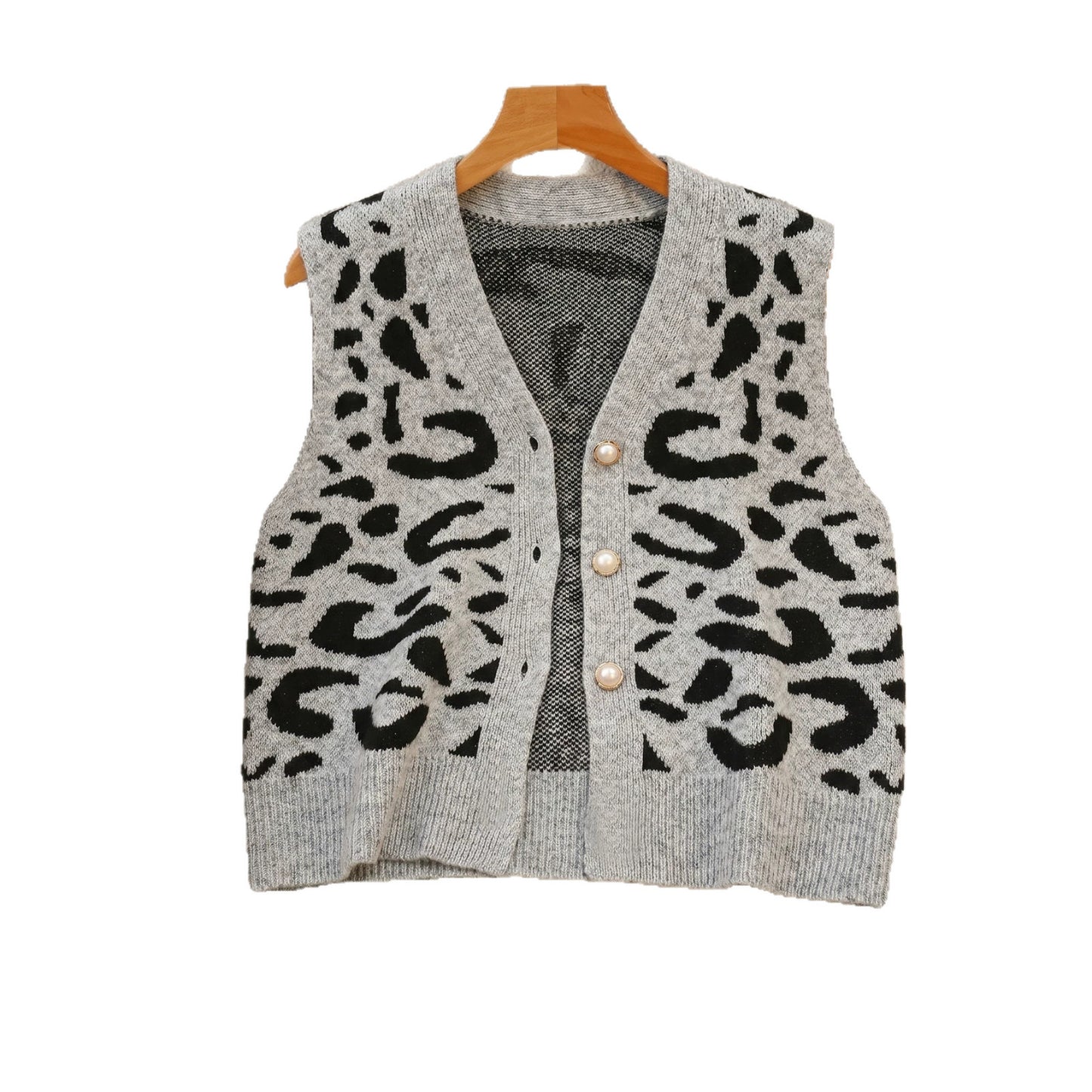 Leopard Print V-Neck Knitted Cardigan Sweater Coat Short Top with Imitation Pearl Buttons Loose Vest