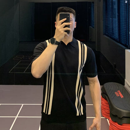 High-End Slim Fit Striped Cool Silk Short Sleeve Polo Shirt Men's Knitted T-Shirt Half Sleeve Top