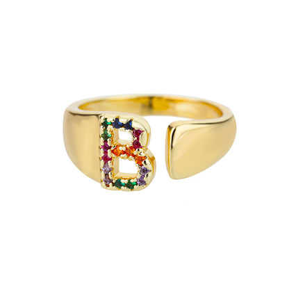 18K Gold Plated Micro Pave Colorful Zircon Letter Ring with 26 Letters Open Design