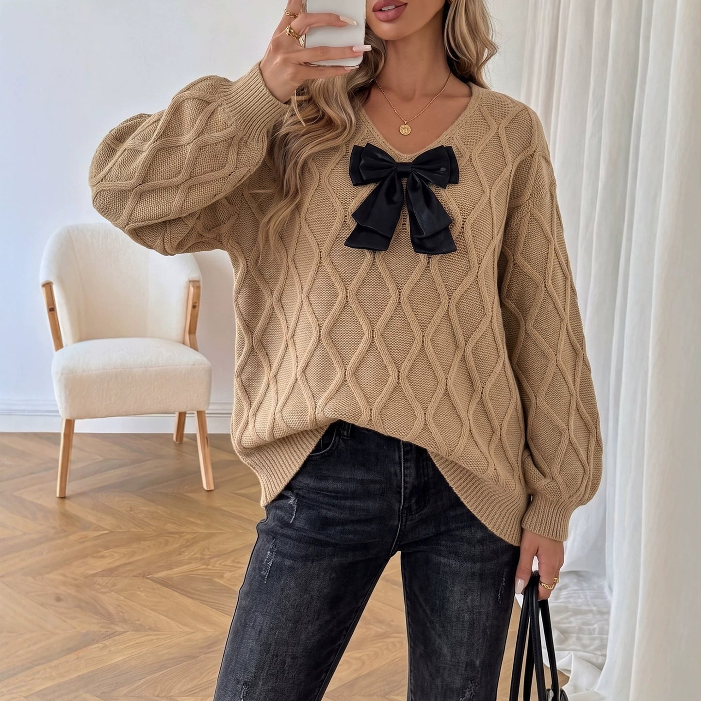 Women's Casual V-Neck Bow Elegant Long Sleeve Loose Sweater