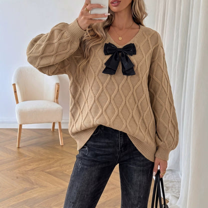 Women's Casual V-Neck Bow Elegant Long Sleeve Loose Sweater