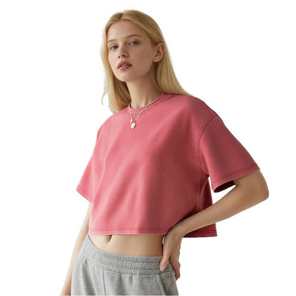 Short women's vintage washed snowflake pure cotton short-sleeve T-shirt