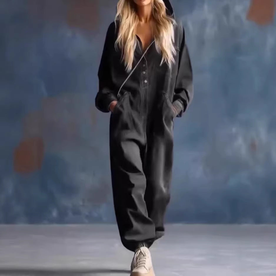 Causal Printed Denim Long Sleeve Jumpsuit with Large Pockets for Women