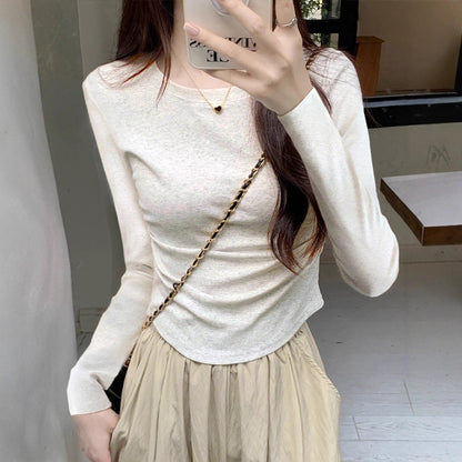 Autumn New Pleated Long Sleeve Inner Top for Women, Irregular Hem T-Shirt, Pure Cotton Basic Shirt