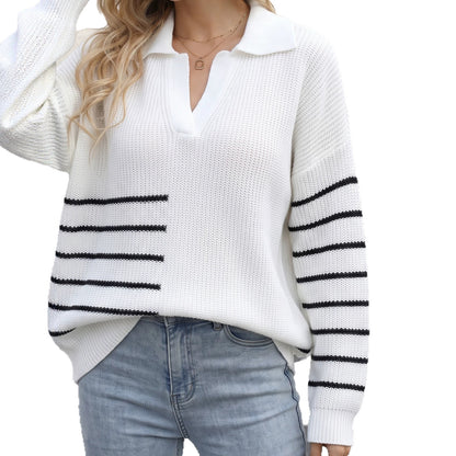 Colorful Patchwork Stripe Polo Neck Knitwear Women's Pullover Woven Top