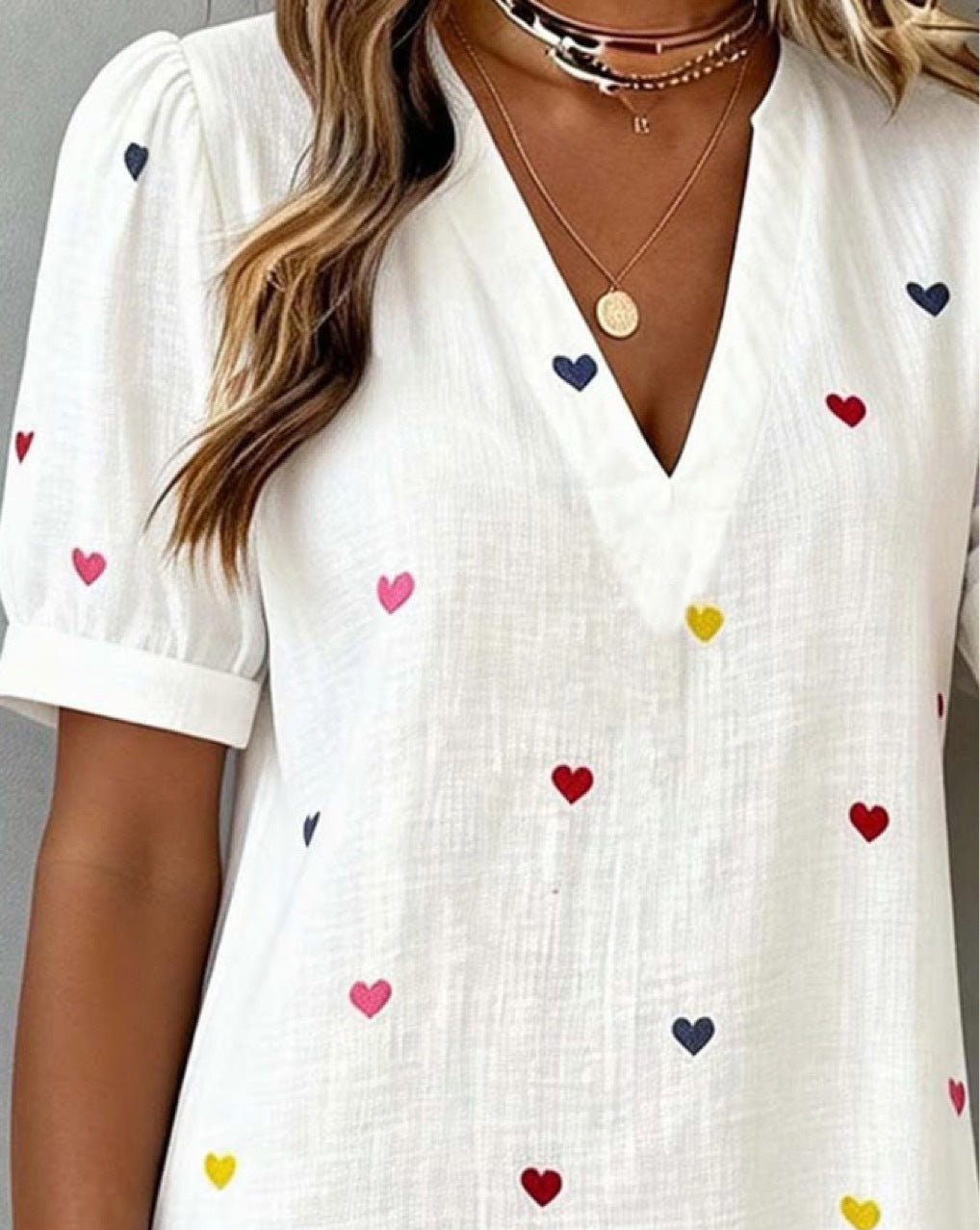 Women's V-Neck Linen-Cotton Love Heart Print Dress