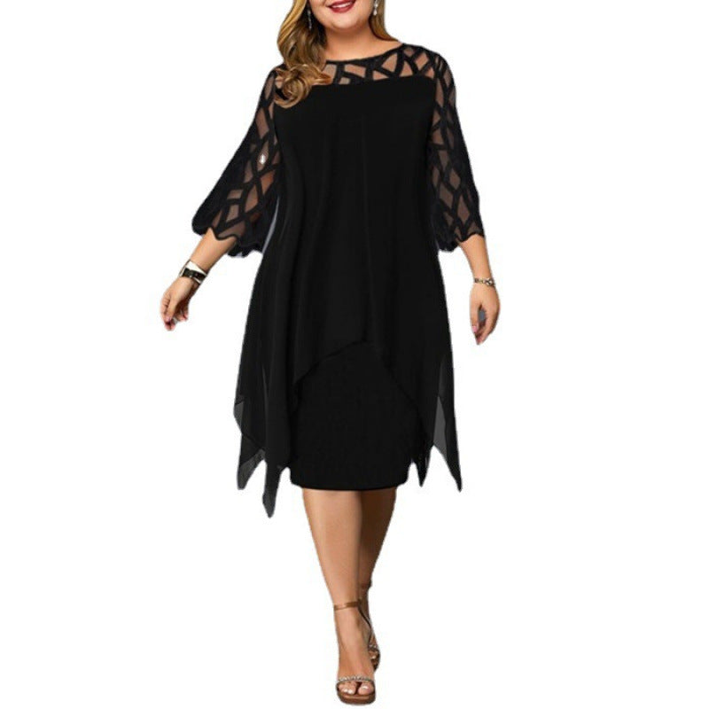 Lace Patchwork Three-Quarter Sleeve Irregular Hem Chiffon Dress