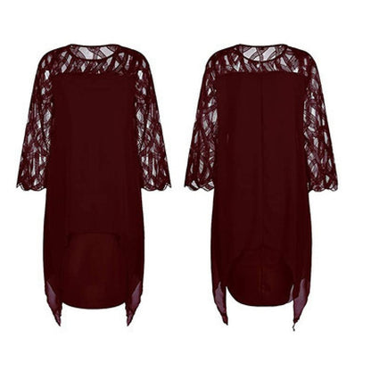 Lace Patchwork Three-Quarter Sleeve Irregular Hem Chiffon Dress