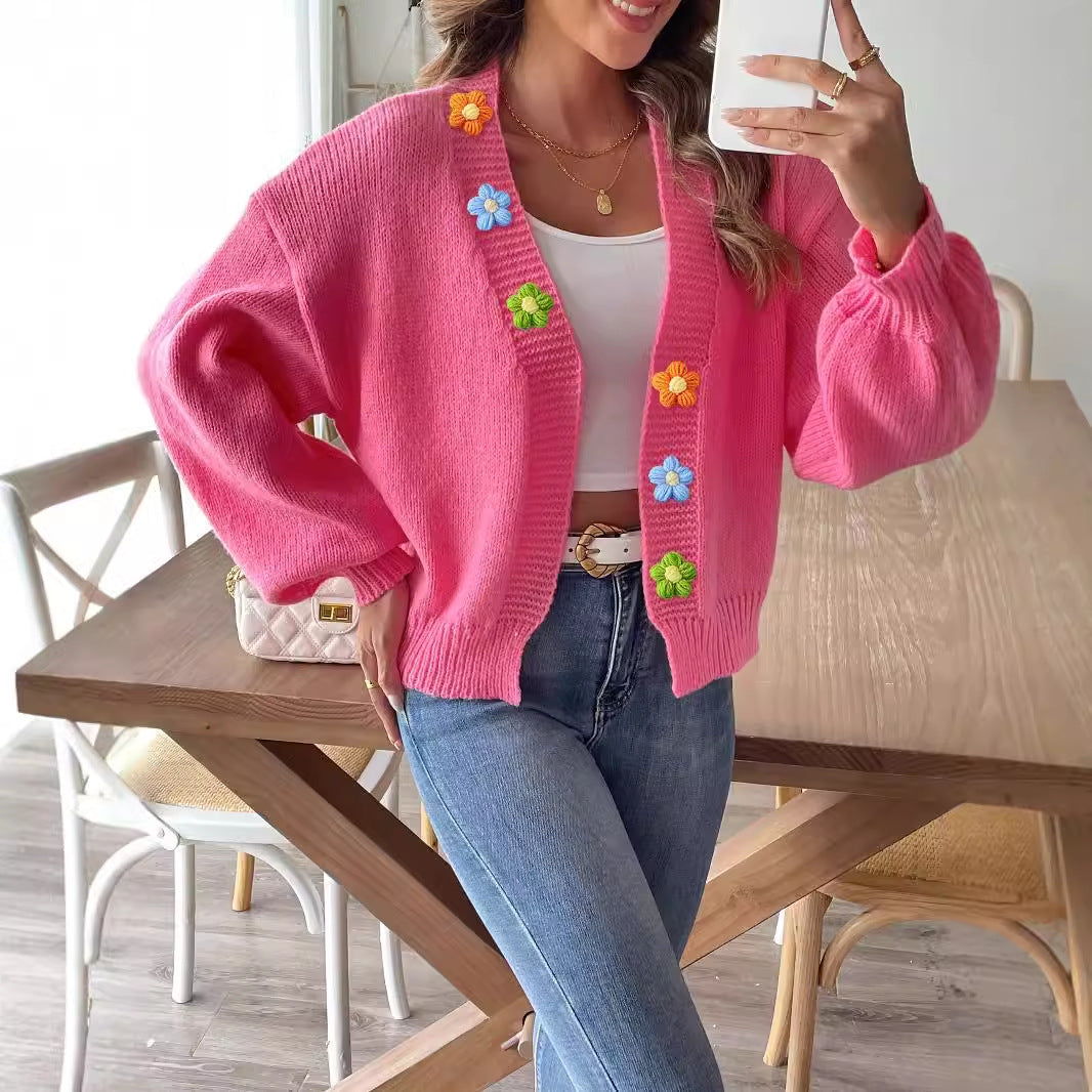 Ladies' Knitted Sweater Coat with Hand-Crocheted Floral Patchwork, Short Sleeveless Cardigan