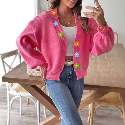 Ladies' Knitted Sweater Coat with Hand-Crocheted Floral Patchwork, Short Sleeveless Cardigan