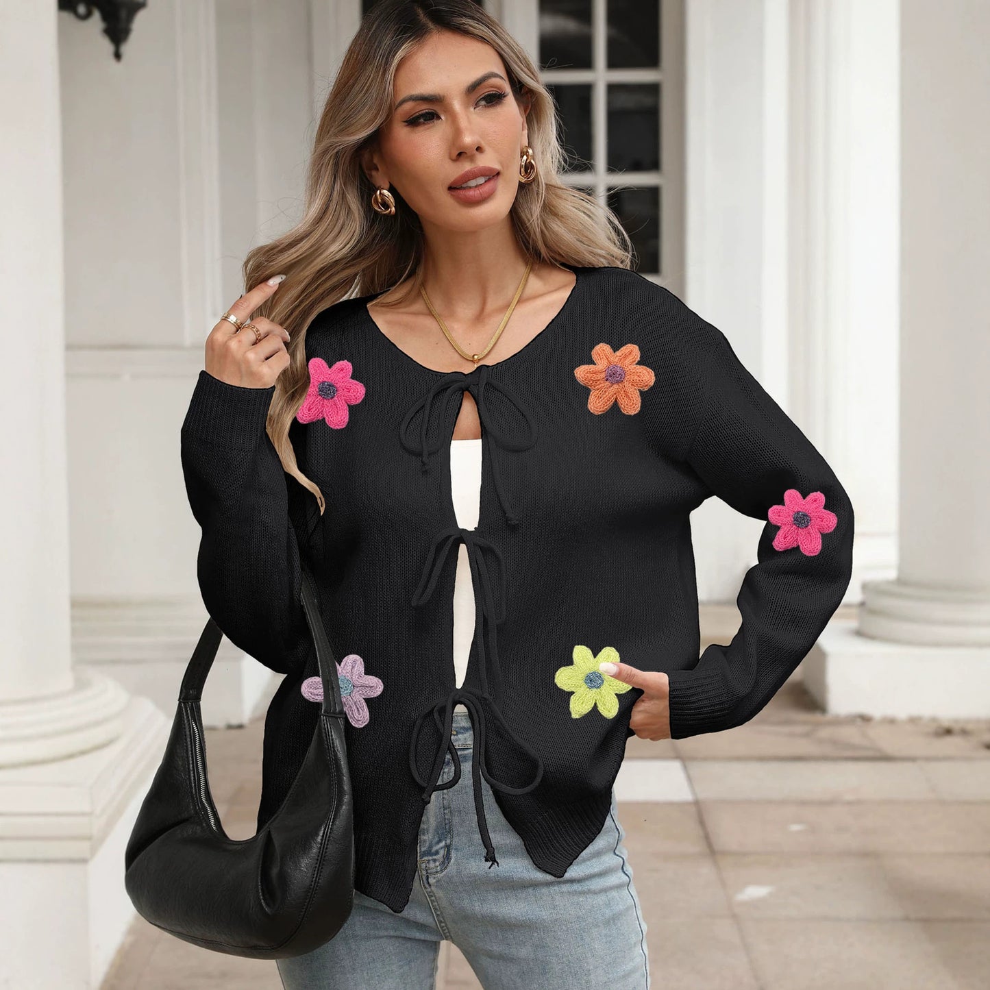 Knit Cardigan Coat with Tie Bow, Wool Embroidery Flower Patchwork for Women
