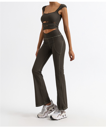 Fashion Stripe Breathable Quick-Dry Yoga Tank Top with Cross V-Waist Flared Pants for Outdoor Sports and Casual Yoga Wear