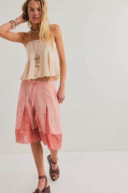 Women's Lightweight Satin Lace Sexy Trimmed Mid-Length Pants