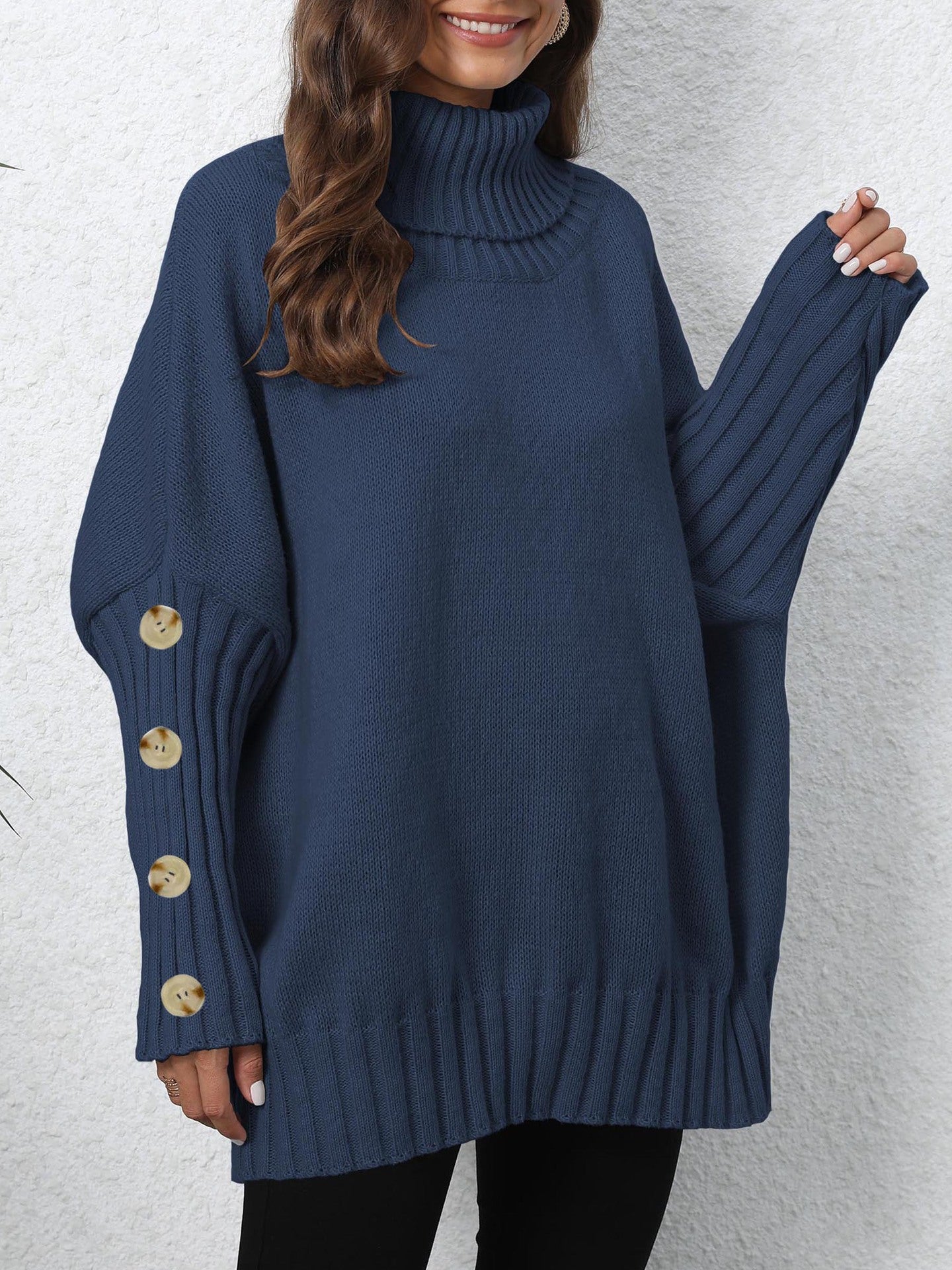 Knitted Sweater for Women, Solid Color, High Neck, Turn-down Collar, Loose Fit, Buttoned Knit Top
