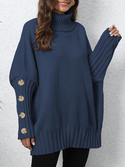 Knitted Sweater for Women, Solid Color, High Neck, Turn-down Collar, Loose Fit, Buttoned Knit Top