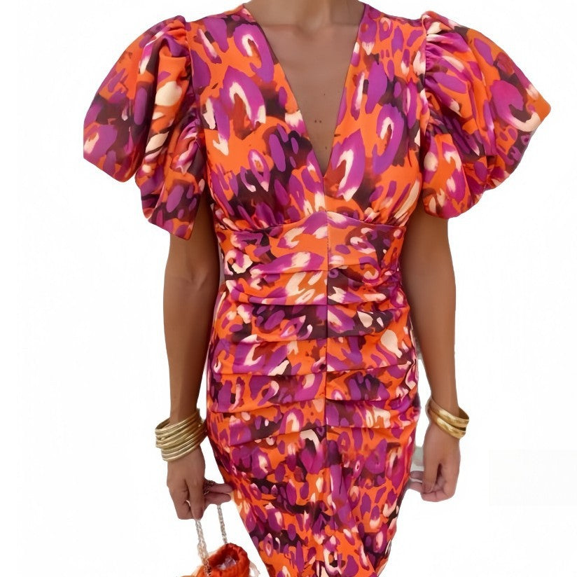 Printed Casual V-Neck Fitted Bodycon Slim Waist Bubble Sleeve Dress