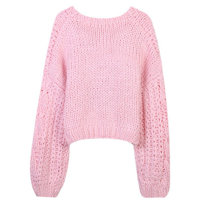 Women's long sleeved V-neck pink hollow thick loose knit cardigan jacket