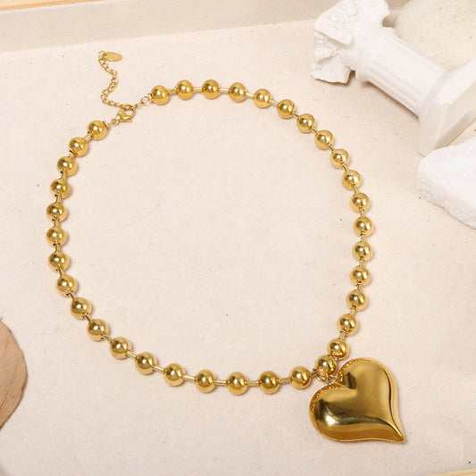 exaggerated bead chain 18K gold heart pendant necklace geometric minimalist hip-hop choker